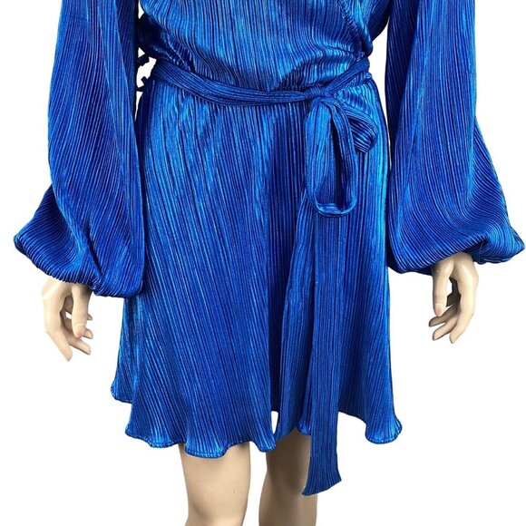 Bardot Belissa Pleat Dress Shine Blue Size Medium Wrap Balloon Sleeves - Picture 8 of 8